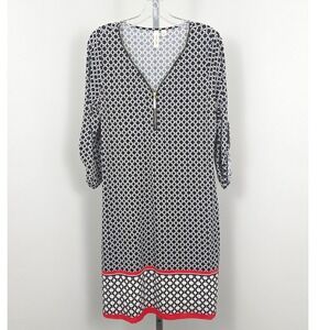 Tacera Zipper Neck 3/4 Sleeve Geometric Print Dress Black White L